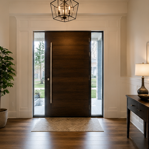 Walnut pivot front entry door with glass sidelights
