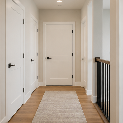 Interior doors along a bright hallway