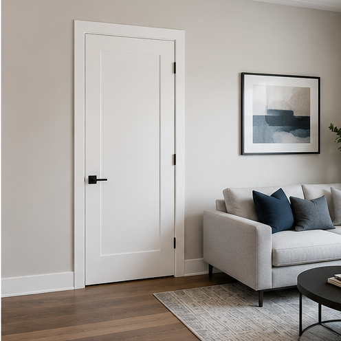 Clean white interior door in a bright living room